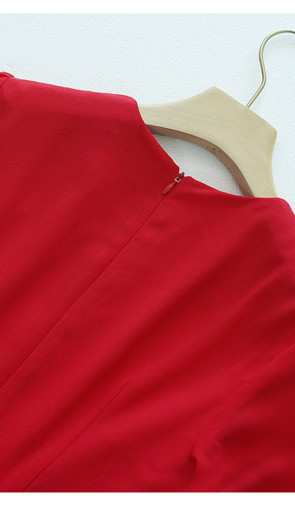 AIIZIE RED CHIFFON ASYMMETRIC MIDI DRESS WITH PLEATED DETAIL - product image
