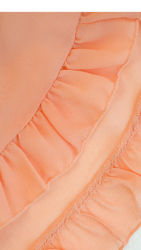 PEACH RUFFLED MAXI DRESS WITH V - NECK AND SHEER SLEEVES