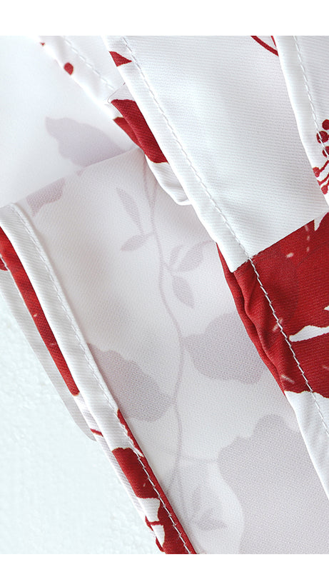 WHITE MAXI DRESS WITH RED FLORAL PRINTS AND SQUARE NECKLINE