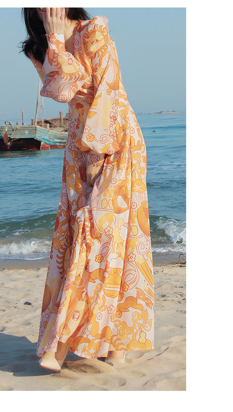 ORANGE PRINT SHEER SLEEVE V - NECK MIDI DRESS