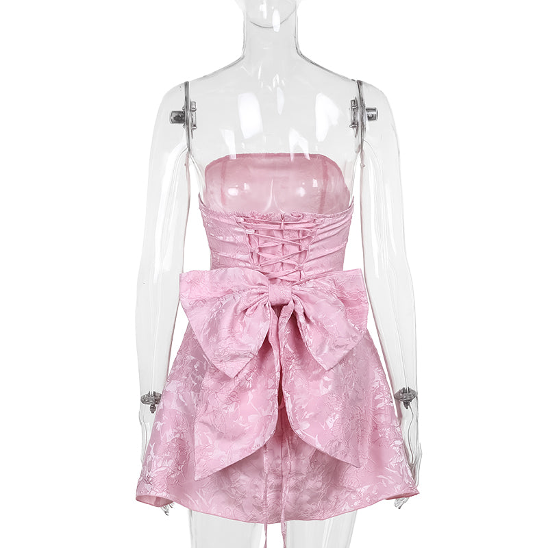 Rosa trägerloses Mini-Hoco-Kleid aus Brokat mit Schleife auf der Rückseite 