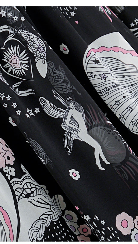 BLACK MAXI DRESS WITH SHEER SLEEVES AND FANTASY PRINTS