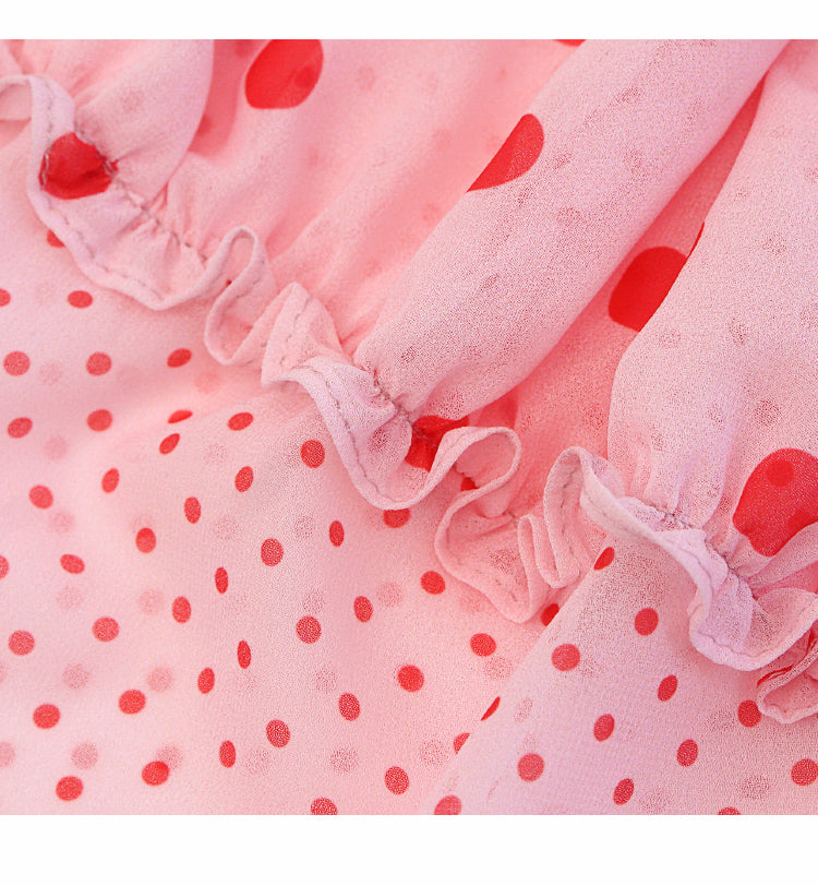 PINK POLKA DOT MAXI DRESS WITH RUFFLES AND RED BELT