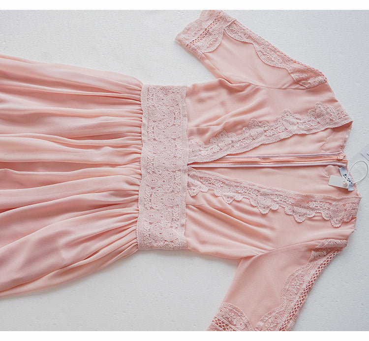 ELEGANT PINK SHEER LACE MAXI DRESS WITH EMBROIDERY