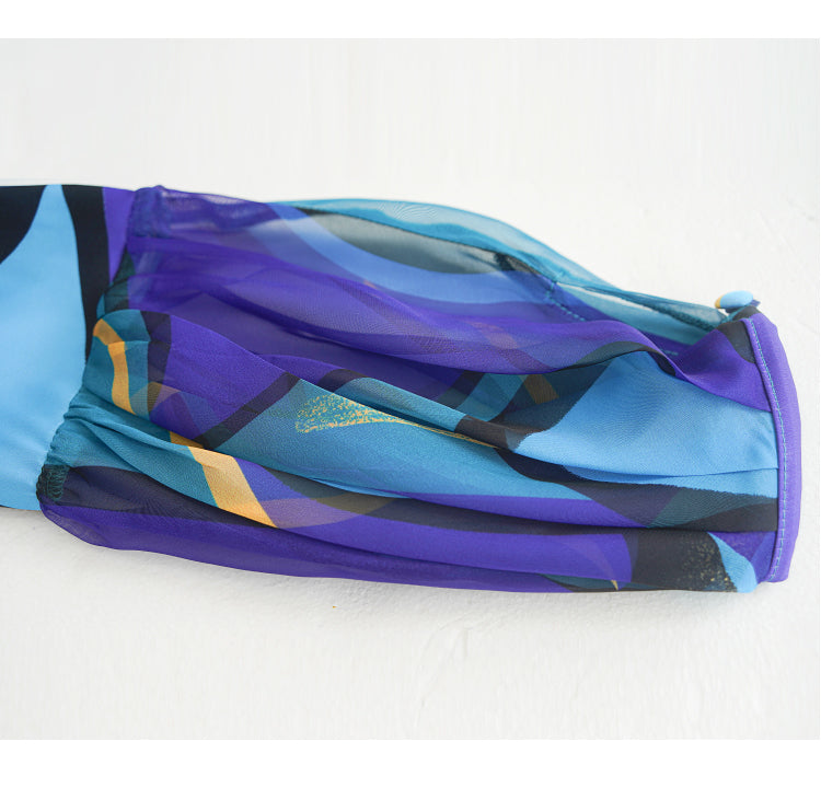 ELEGANT ABSTRACT - PRINTED MAXI DRESS WITH SHEER SLEEVE DETAILS