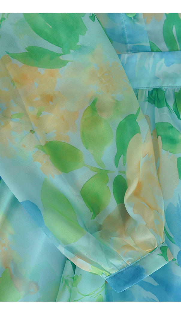 AIIZIE BLUE - GREEN FLORAL CHIFFON MAXI DRESS WITH BELTED WAIST - product image