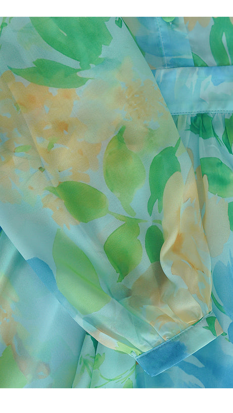 BLUE - GREEN FLORAL CHIFFON MAXI DRESS WITH BELTED WAIST