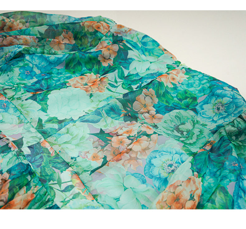 TEAL FLORAL MAXI DRESS WITH PUFF SLEEVES AND V - NECK