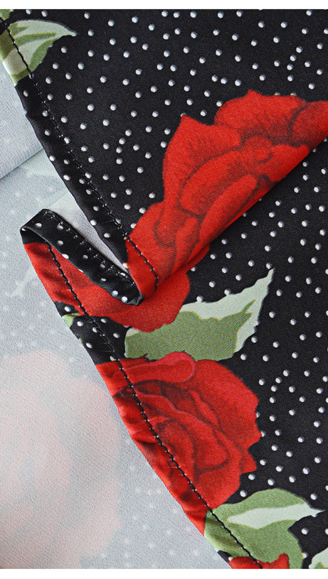 BLACK MAXI DRESS WITH RED ROSE PRINTS AND V - NECK