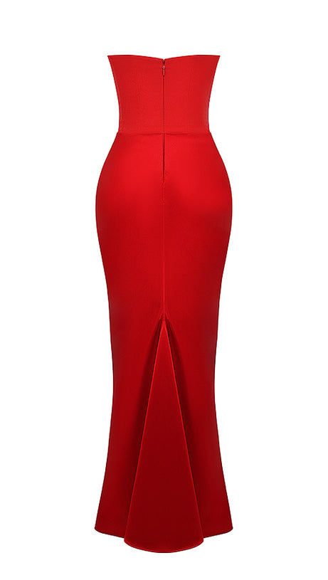 RED VELVET STRAPLESS CORSET MAXI DRESS