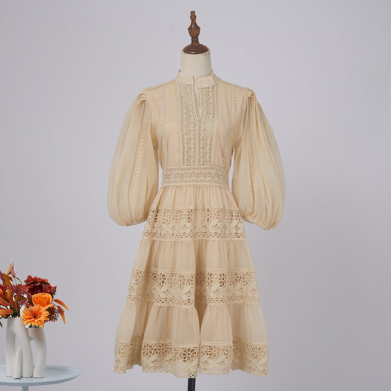 Apricot Lace - Trimmed Tiered Fall Dress