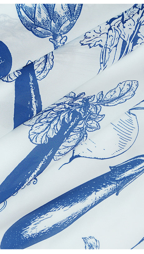 WHITE MAXI DRESS WITH BLUE VEGETABLE PRINTS AND CAP SLEEVES