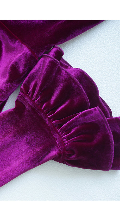 PURPLE VELVET RUFFLE TRIM MAXI DRESS WITH HALF - SLEEVES
