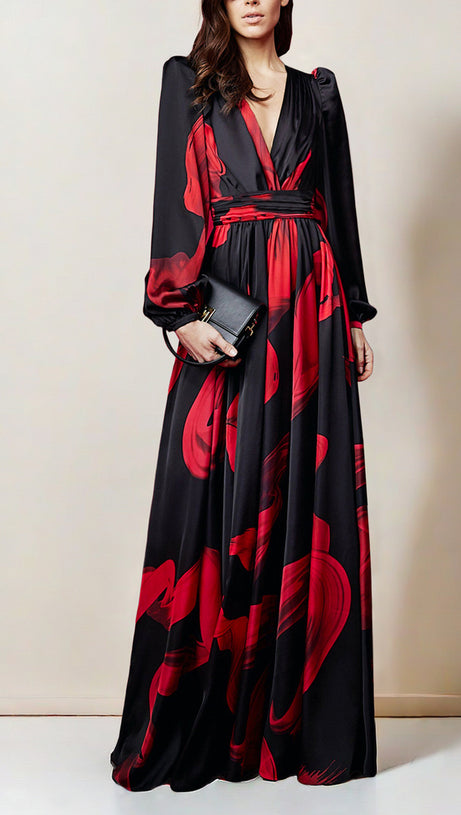 BLACK MAXI DRESS WITH RED PRINTS, PUFF SLEEVES & V - NECK
