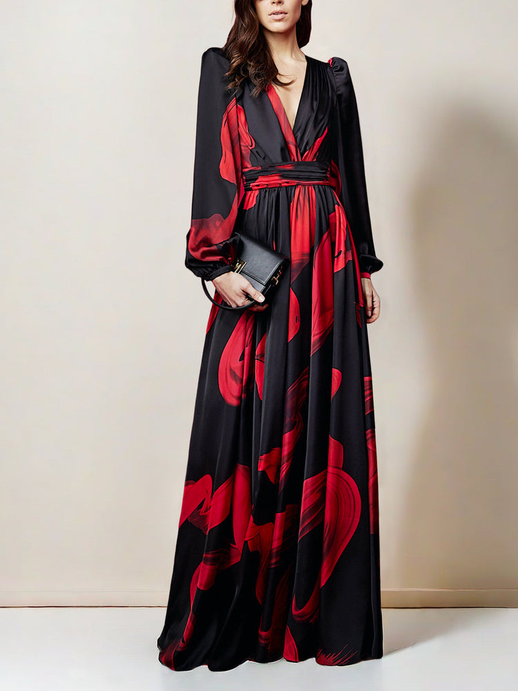 AIIZIE BLACK MAXI DRESS WITH RED PRINTS, PUFF SLEEVES & V - NECK - product image