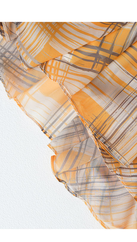 YELLOW PLAID LONG DRESS WITH BELTED WAIST AND FLARED SLEEVES