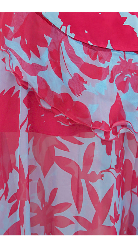 ELEGANT FLORAL WRAP DRESS WITH RUFFLED HEM AND SHEER DETAILS