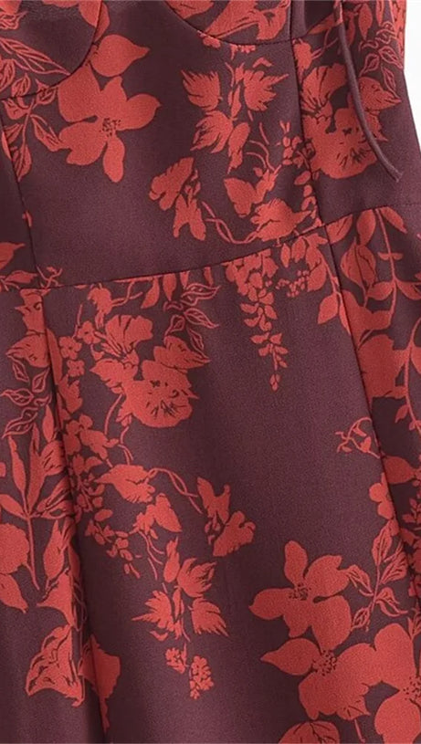 FLORAL PRINT SLIT MIDI DRESS IN BURGUNDY