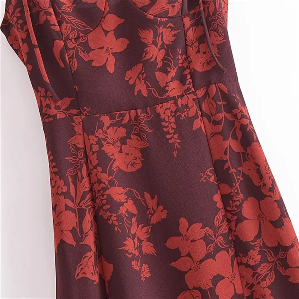 FLORAL PRINT SLIT MIDI DRESS IN BURGUNDY
