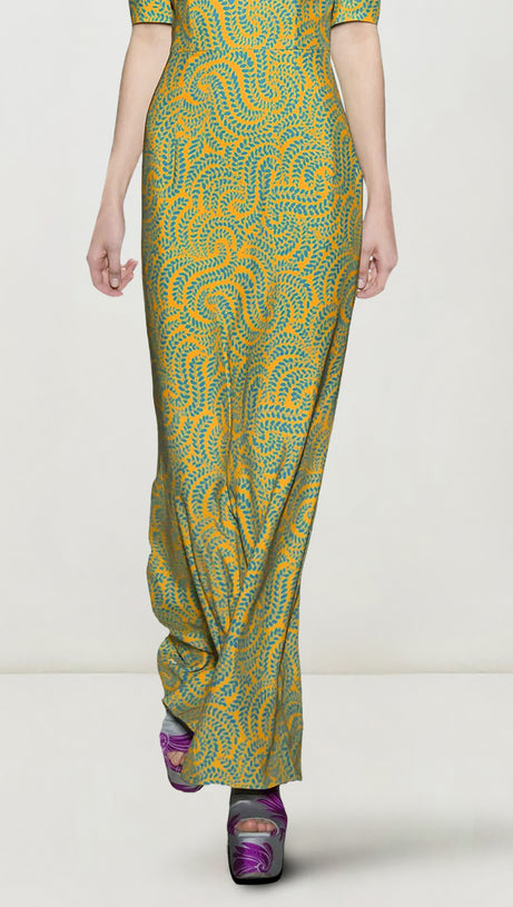 ABITO LUNGO A MANICHE CORTE STAMPATO IN RASO VERDE 