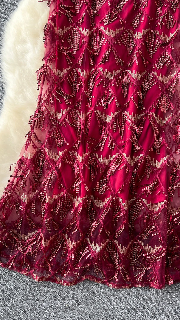 CAROL SEQUIN FRINGE MAXI DRESS IN RED