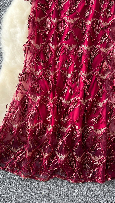 CAROL SEQUIN FRINGE MAXI DRESS IN RED