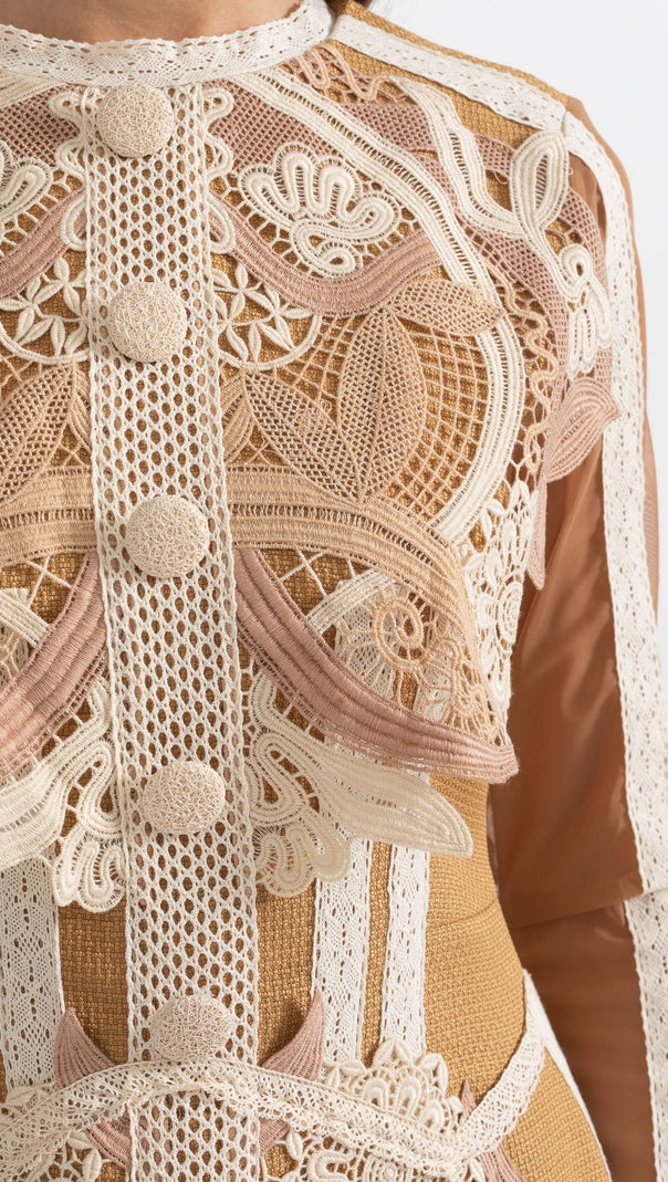 AIIZIE HOLLOW LACE PEPLUM MINI DRESS IN YELLOW - product image