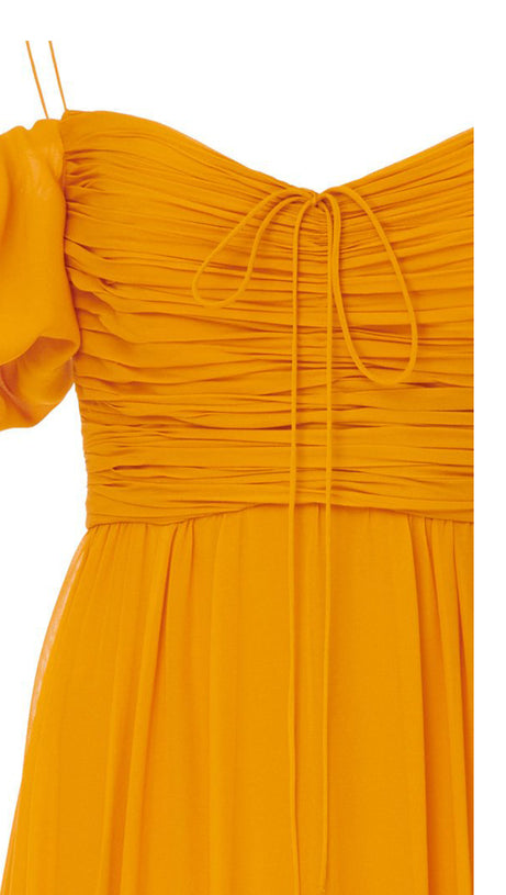 YELLOW OFF SHOULDER CHIFFON MAXI DRESS WITH PUFF SLEEVES