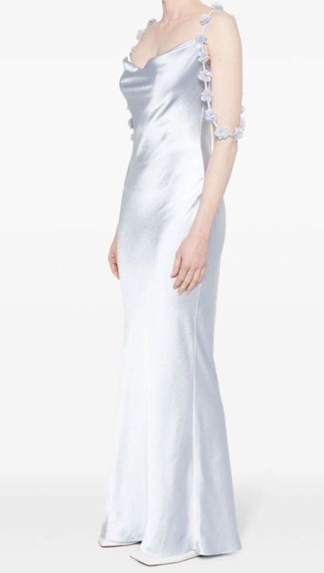 BLUE SATIN FLOWER MAXI DRESS