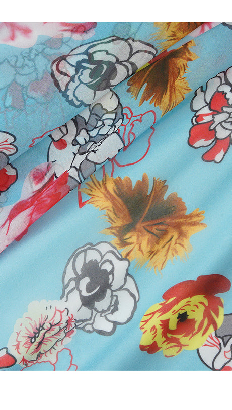 BLUE FLORAL PRINT V - NECK MAXI DRESS WITH RED BELT