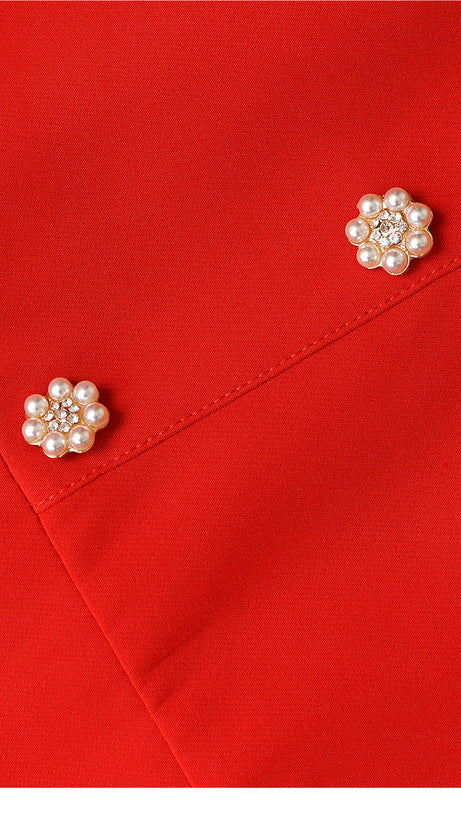 RED MOCK - NECK MIDI DRESS WITH PUFF SLEEVES AND BUTTON DETAIL