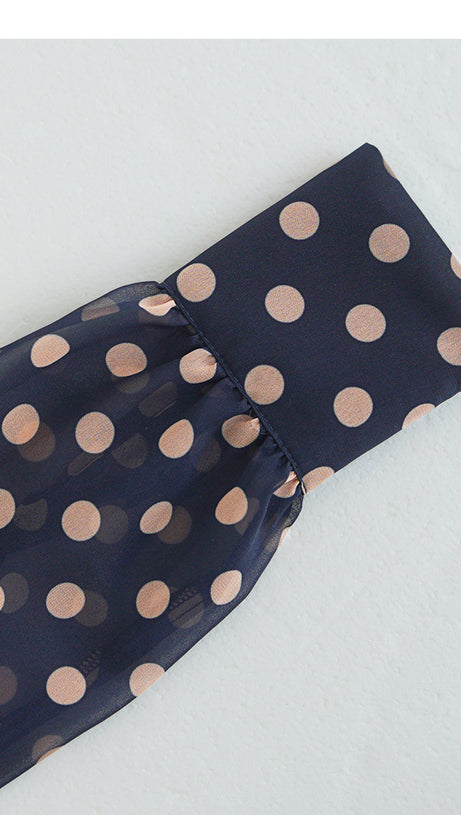 NAVY POLKA DOT TIE NECK MIDI DRESS WITH BELT