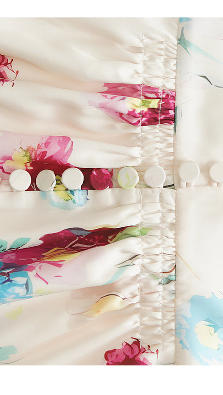 FLORAL PRINT V - NECK MAXI DRESS WITH PUFF SLEEVES