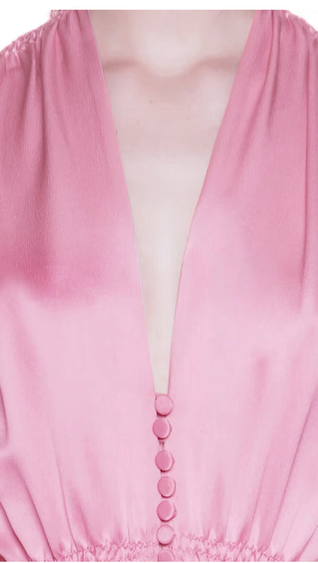 PINK SATIN MAXI DRESS WITH V NECK AND BUTTON FRONT