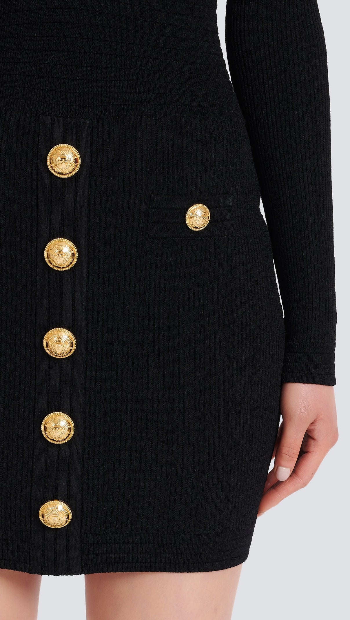 AIIZIE TARA BLACK SHORT KNITTED MINI DRESS WITH GOLD BUTTONS - product image