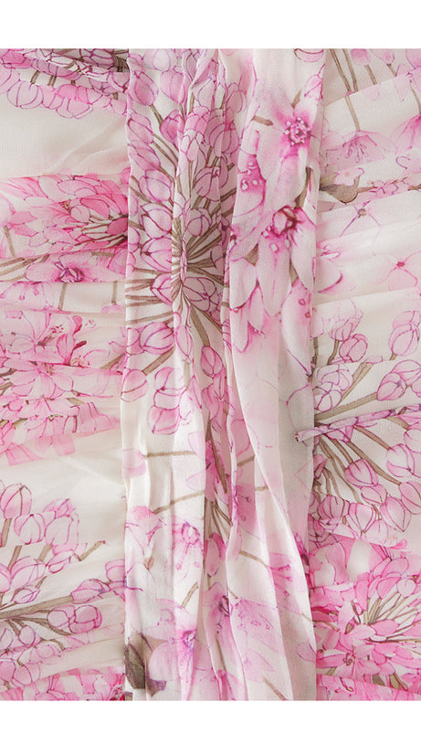 PINK FLORAL CHIFFON MAXI DRESS WITH SHEER SLEEVES