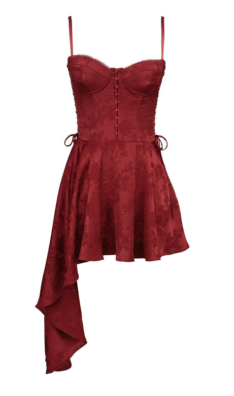 Mini abito drappeggiato in raso jacquard Lola Wine [Pre-ordine]