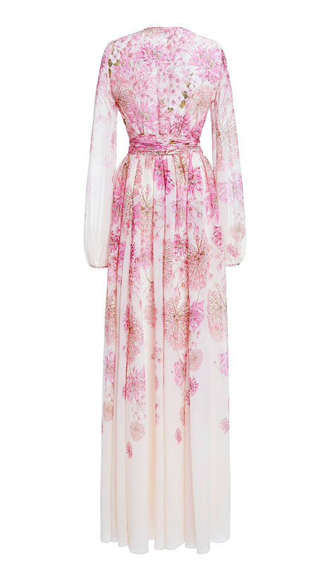 PINK FLORAL CHIFFON MAXI DRESS WITH SHEER SLEEVES