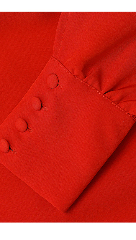 RED MOCK - NECK MIDI DRESS WITH PUFF SLEEVES AND BUTTON DETAIL