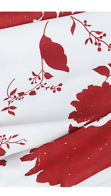 WHITE MAXI DRESS WITH RED FLORAL PRINTS AND SQUARE NECKLINE