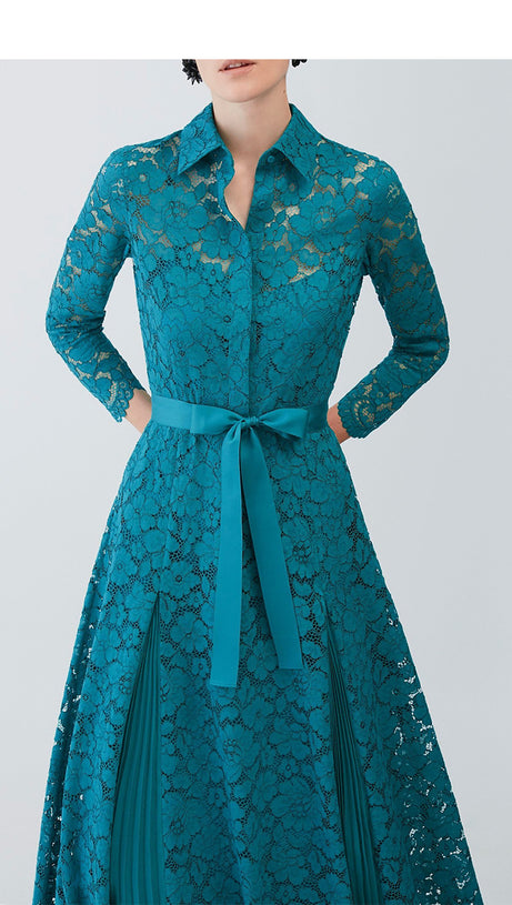 ABITO LUNGO IN PIZZO OTTANIO CON CINTURA E COLLETTO