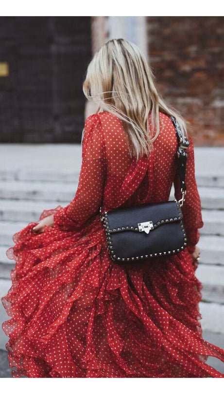 RED POLKA DOT TIERED MAXI DRESS WITH SHEER SLEEVES