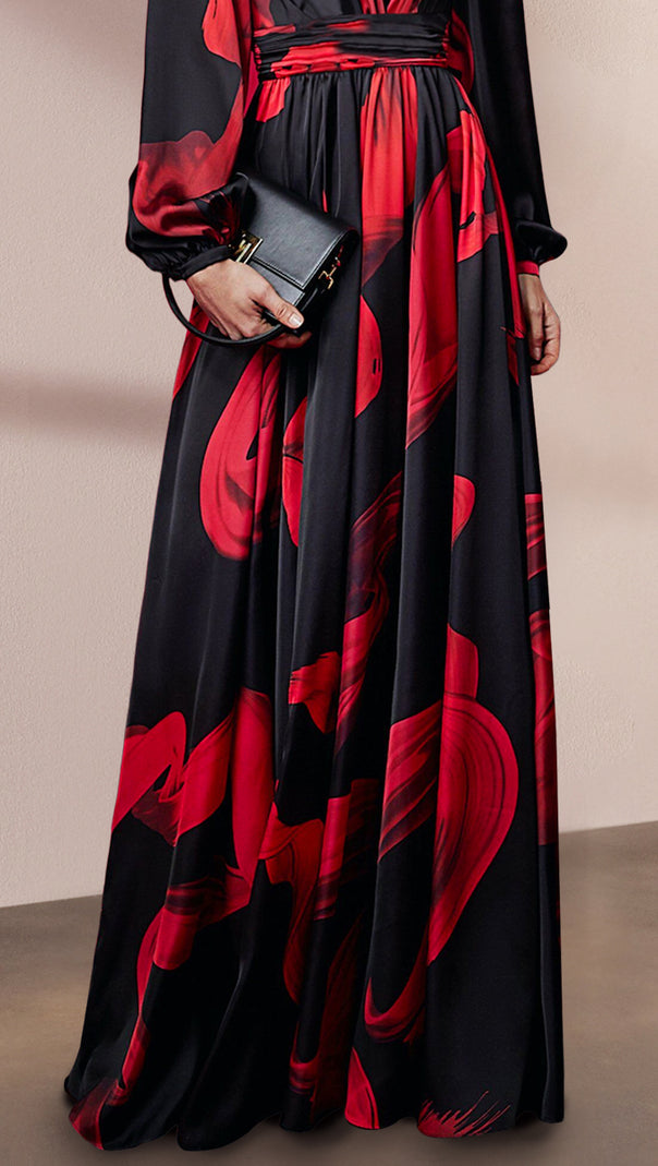 AIIZIE BLACK MAXI DRESS WITH RED PRINTS, PUFF SLEEVES & V - NECK - product image