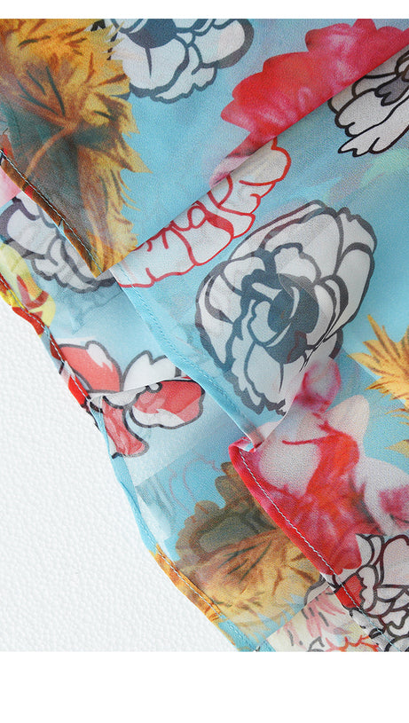 BLUE FLORAL PRINT V - NECK MAXI DRESS WITH RED BELT