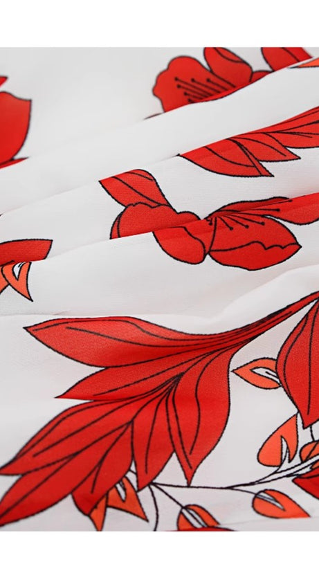 WHITE RED FLORAL OFF - SHOULDER TIERED MAXI DRESS