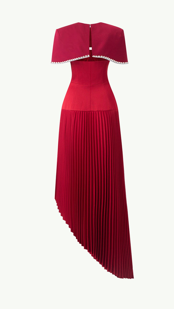 AIIZIE SPAGHETTI STRAP ASYMMETRIC PLEATED MIDI DRESS IN RED - product image