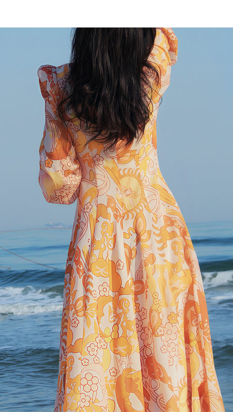 ORANGE PRINT SHEER SLEEVE V - NECK MIDI DRESS