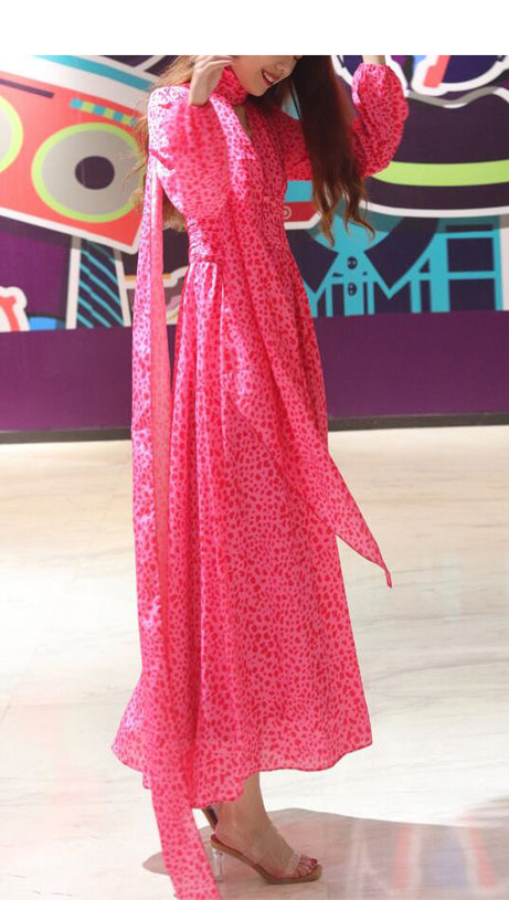 PINK LEOPARD PRINT CHIFFON MAXI DRESS WITH TIE NECKLINE