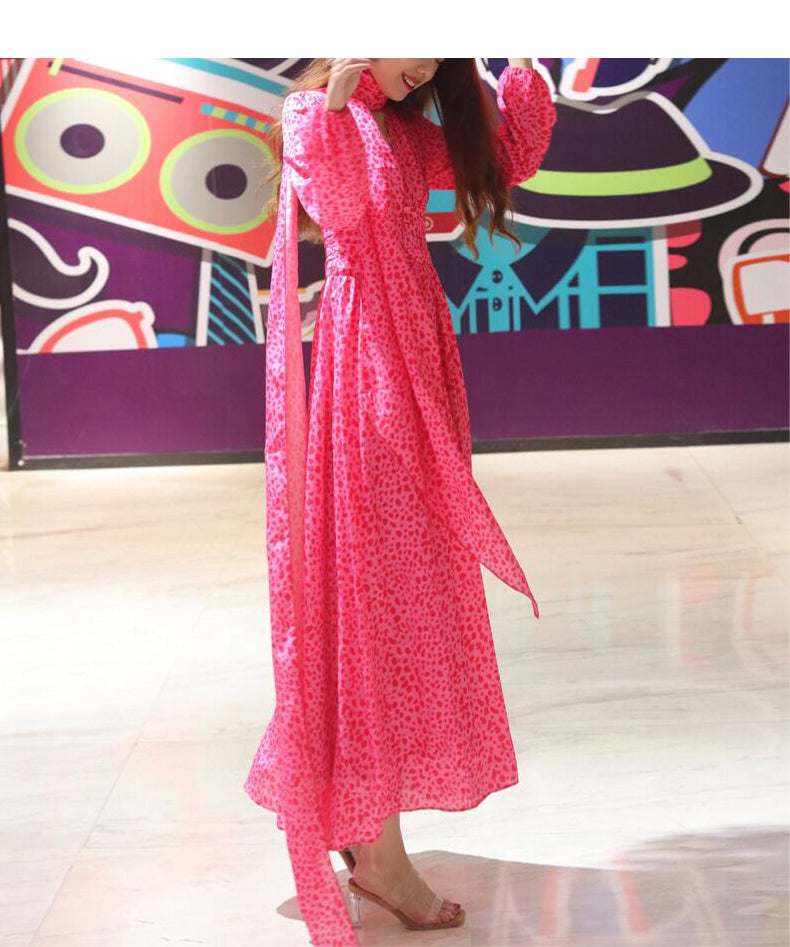 AIIZIE PINK LEOPARD PRINT CHIFFON MAXI DRESS WITH TIE NECKLINE - product image