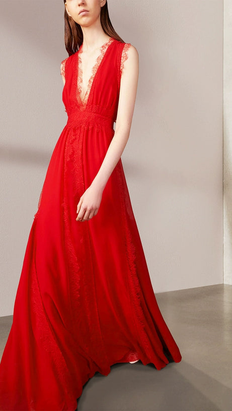 ELEGANT RED MAXI DRESS WITH SHEER LACE V - NECK